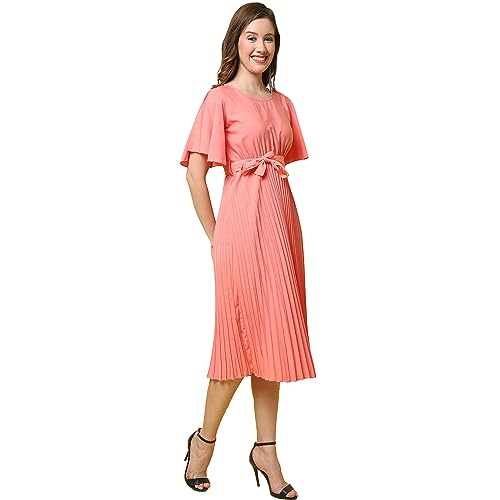 Image of Fabflee Women's Polyester A-Line Standard Length Dress (FB-P1-Pleated-201 XXL Pink