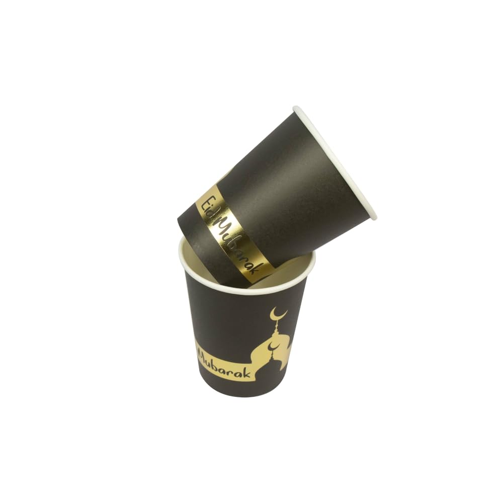 Al-Muallim Books Ramadan Eid Mubarak Black & Gold Mosque Paper Cups 9oz 250ml Foil Stamping 10PCS/Set