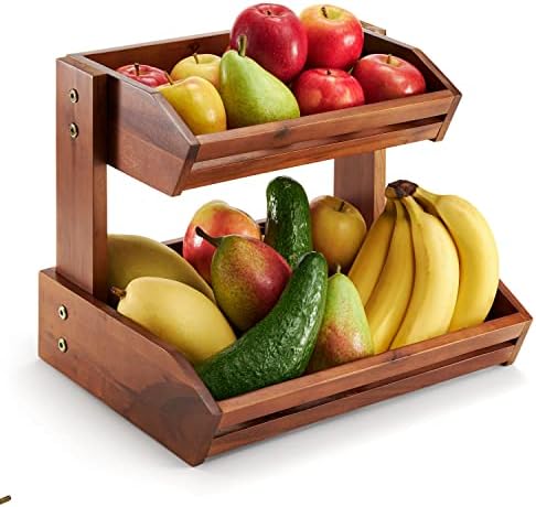 HOLANA Acacia Wood Fruit Basket - 2-Tier Fruit Bowl for Kitchen Counter, Large 14x10 in, Fruteros Para Cocina, Fruit and Vegetable Storage (2 Tier)