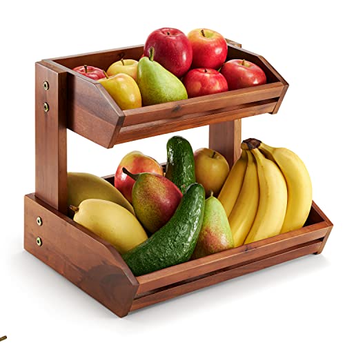HOLANA Acacia Wood Fruit Basket - 2-Tier Fruit Bowl for Kitchen Counter, Large 14x10 in, Fruteros Para Cocina, Fruit and Vegetable Storage (2 Tier)