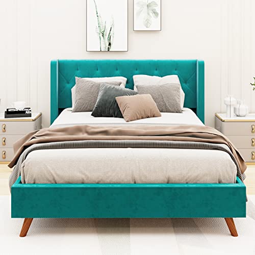 Chenoa Queen Size Bed Frame Upholstered Velvet Platform Bedframe With Tufted Wingback Headboard, Wood Slat Foundation, No Box Spring Needed, Noise-Free And Non-Slip, Easy Assembly, Teal #TOP14