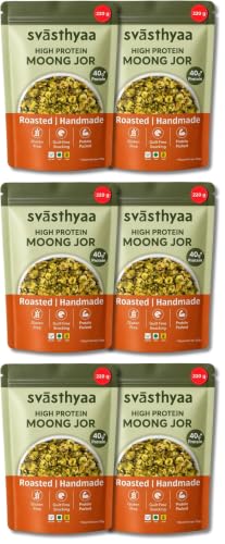 Image of Svasthyaa High Protein Moong Jor | Roasted Moong Dal Namkeen Snack | Healthy Vegetarian Dal Snack | Gluten Free, Vegan & Jain | Breakfast, Travel & Kids | 220g | Pack of 6