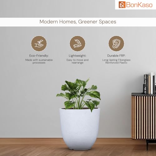 Image of BonKaso 16 inch White Pot - Tall, Durable & Lightweight Polymer Jaguar Round Planter for Indoor & Outdoor Use: Home, Office, Garden & Balcony (Gamla /Gamale)