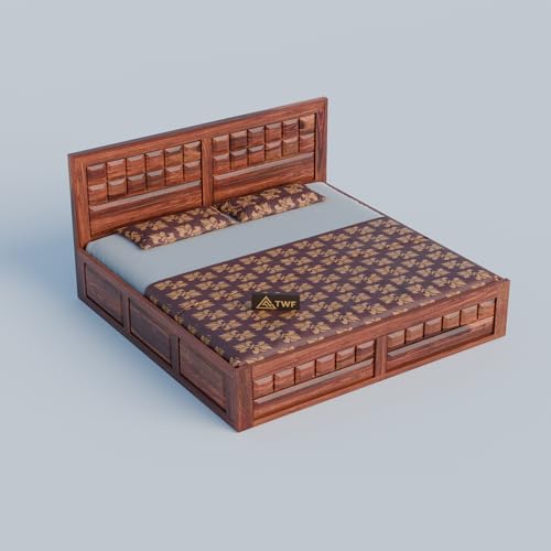 Image of Solid Sheesham Wood King Size Bed with Storage Box | Double Bed for Bedroom | Big Diamond Design Wooden Double Bed Cot for Home & Hotels | Rosewood, Honey Finish
