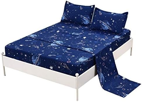 MAG Juego de ropa de cama de 4 piezas, sábanas espaciales, planetas, estrellas, cohetes, juego de sábanas matrimonial para niños, adolescentes y