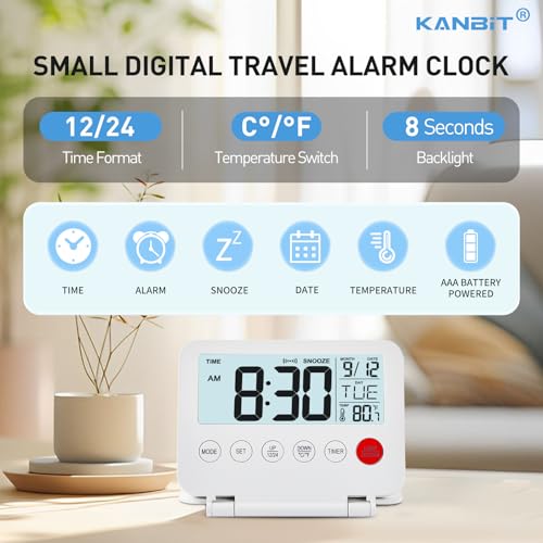 Image of KANBIT Small Digital Travel Alarm Clock, Large LCD Display Front Button with Date & Temperature, Snooze and 8 Seconds Backlight AAA Battery Operated Desk Clock for Home & Office, White
