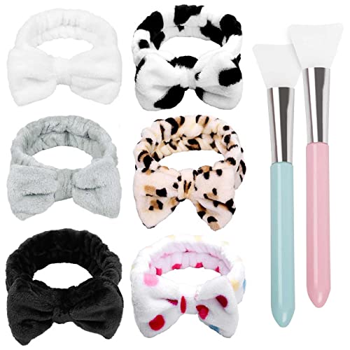 TERSE Diadema de maquillaje para mujer, niña, bowknot cosmética con 2 brochas de silicona, color rojo coral, forro polar para lavado de cara