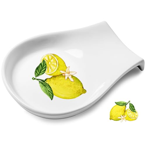 Lemon Spoon Rest, White Ceramic Spoon Rest for Stove Top, Spoon Holder for Kitchen Counter, Lemon Decor, 5.5 inch