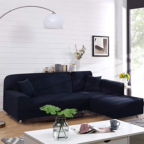 Taococo Sectional Couch Covers 2Pcs L-Shaped Sofa Covers Softness Furniture Slipcovers With 2Pcs Pillowcases L-Type Polyester Fabric Stretch Couch Covers 3 Seater + 3 Seater (Dark Blue) #TOP1