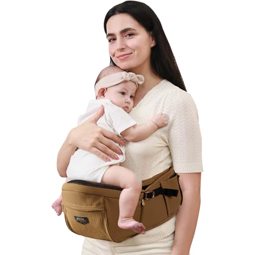 Image of SUNVENO Baby Hip Seat Carrier for Toddler, Supports up to 45 lbs, Wide Anti-Slip Seat, Adjustable Waist Belt, Quick Up Down Baby Holder, Fits 6-36 Months, Brown