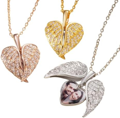 Sterling Silver Angel Wings Locket Necklace with Custom Photo for...
