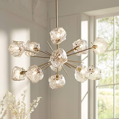 Stiffel Melvan Golden Bronze Large Sputnik Pendant Chandelier 36 1/2" Wide Mid Century Modern LED Clear Ice Glass 12-Light Fixture for Dining Room House Foyer Kitchen Island Entryway