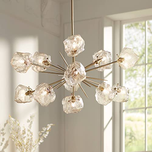 Stiffel Sputnik Gold Pendant Light - 12 Light, Clear Ice Glass, Gold Bronze Mid-Century Modern Pendant Light Fixture for Kitchen Islands, Living Rooms, and Dining Rooms - 26 1/2" Wide, 17 3/4" High
