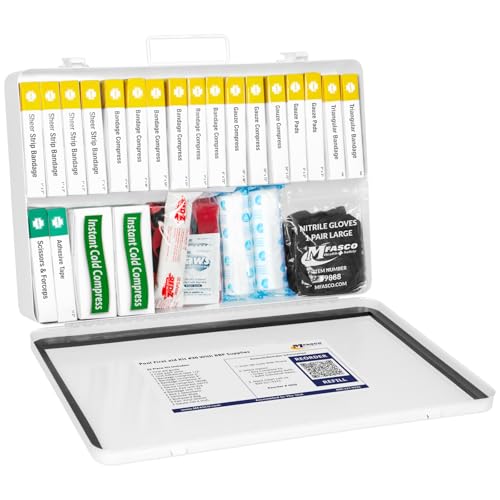 MFASCO Swimming Pool First Aid Kit - Waterproof Metal Box with Bloodborne Clean Up Supplies - Meets Michigan Pool Guidelines - Wall Mountable for Lifeguard Safety and Rescue - 14 x 10 x 2.5 inches