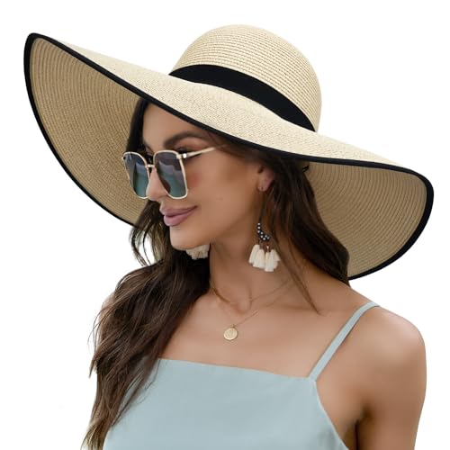 Image of Women Wide Brim Sun Hat UPF50 Straw Summer Hat Floppy Beach Hat Roll-Up