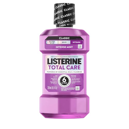 Listerine Total Care Intense Anticavity Fluoride Mouthwash 6 Benefits in 1 Oral Rinse Helps Kill 99% of Bad Breath Germs Prevents Cavities Provides 360 Clean* ADA-Accepted Intense Mint 250 mL