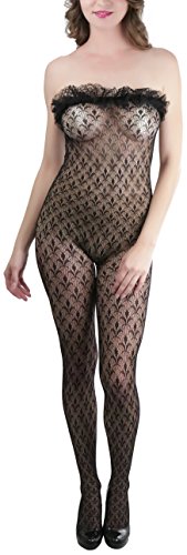 Image of ToBeInStyle Women's Bodystocking Crotchless Peek-A-Boo Fishnet Lace Bodysuit