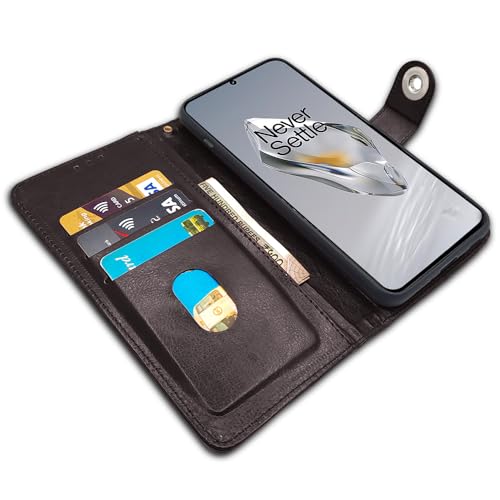 Image of Pikkme OnePlus 12 5G Flip Cover Leather Finish | Inside TPU with Card Pockets | Wallet Stand and Shock Proof | Complete Protection Button Flip Case (Coffee)