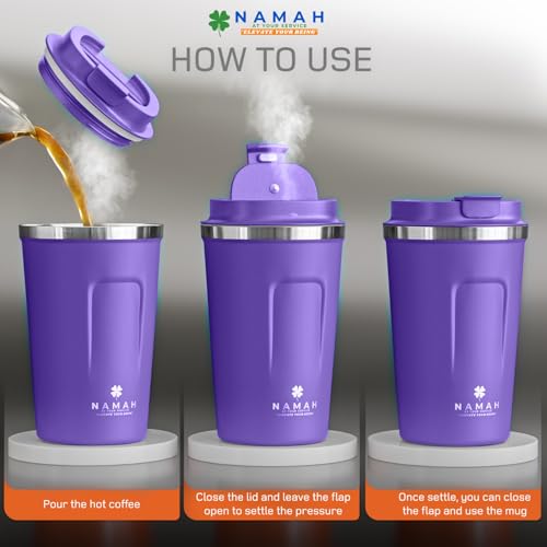 Image of Namah Insulated Coffee Mug Travel with Lid 380ML Stainless Steel Coffee Tumbler Cup for Office & Home, Leak Resistant Matte Finish Hot & Cold Travel Coffee Mug for Men & Women Gift (Violet Vibe)