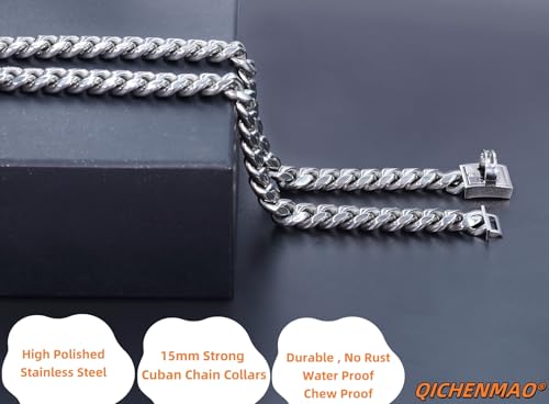 QICHENMAO Heavy Duty Cuban Link Chain Dog Collars 15MM Gold/Silver Stainless Steel Metal Walking Training Collars with Cute Secure Design Buckle, Chew Proof, for Large Medium Small Dogs (Silver, 24'') by QICHENMAO - Image 5