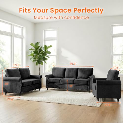 Image of ijuicy 3 PCS Sofa Set, Modern Chenille Living Room Couch Set, Black | Upholstered Sofa, Loveseat and Chair Living Room Furniture Sets with 6 inch Thicken Cushio, Nailhead Trim
