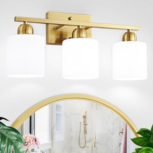 Image of 3 Light Gold Bathroom Light Fixtures, Modern Bathroom Vanity Lights with Milky White Frosted Glass Shades, Gold Vanity Mirror with Lights for Mirror Living Room E26 Base