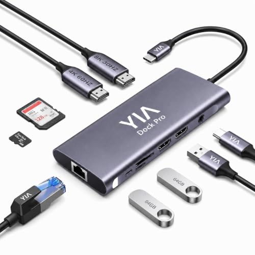 Concentrador triple pantalla YIA Dock Pro 14 en 1 con HDMI dual DisplayPort y USB-C 100W
