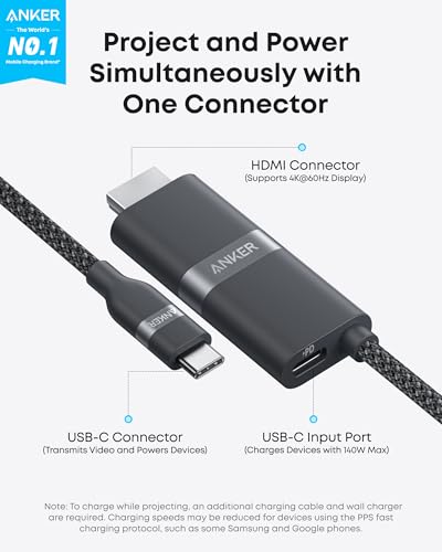 Image of Anker Nano USB C to HDMI Cable Adapter with 140W PD Fast Charging Port,4K@60Hz,Sustainable with Advanced Shielding,Thunderbolt 5 /4 /3 Compatible,for MacBook,iPhone,HD TV(3FT,Black)