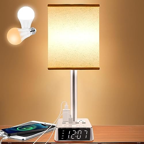 Yostyle Table Lamp Bedside Lamp with 4 USB Ports and AC Power Outlets Alarm Clock Base w/ 5Ft Extension Cord Square Oatmeal Fabric Lampshade Modern Accent Nightstand Lamps for Bedrooms Living Room