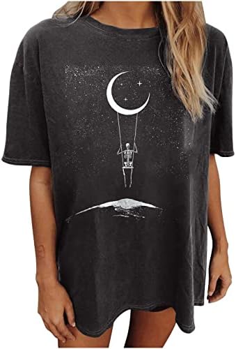 GTEUKTG Summer Y2k Tops for Women, Casual Vintage Skull Short Sleeve T-Shirt, Oversize Loose Crewneck Elastic Black Tees, A04#Dark Gray, X-Large