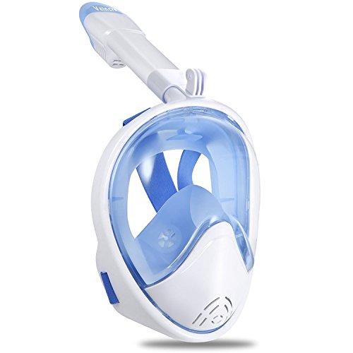 Vaincre 180° Full Face Snorkel Mask Panoramic View Anti-Fog,Anti-Leak Snorkeling Design with Adjustable Head Straps-See Larger Viewing Area Than Traditional Masks for Adults Youth (White/Blue S/M)
