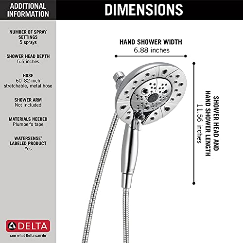 Image of Delta Faucet 5-Spray In2ition Dual Shower Head with HandHeld Spray, H2Okinetic Chrome Shower Head with Hose, Showerheads, Handheld Shower Heads, Lumicoat Chrome 58480-PR-PK