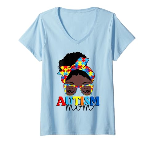 Mujer Autism Mom Life Messy Bun Autism Awareness Camiseta Cuello V