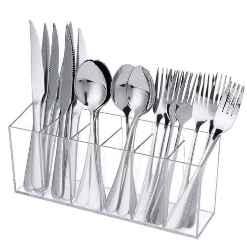 ZZDWLDHA Acrylic Cutlery Storage Organizer Holder Silverware Caddy for Kitchen Countertop -Holds Fork, Knife, Spoon, Silverware - 6 Divided Sections Transparent