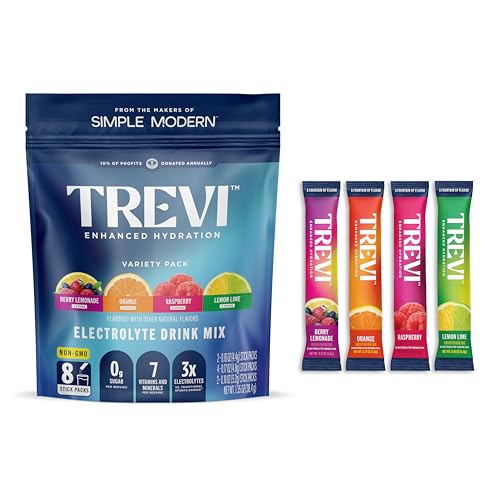 TREVI™ Sugar Free Electrolytes - Drink Mix Hydration Powder Packets - 8 Count - Original Variety Pack - Berry Lemoande, Lemon Lime, Raspberry, Orange
