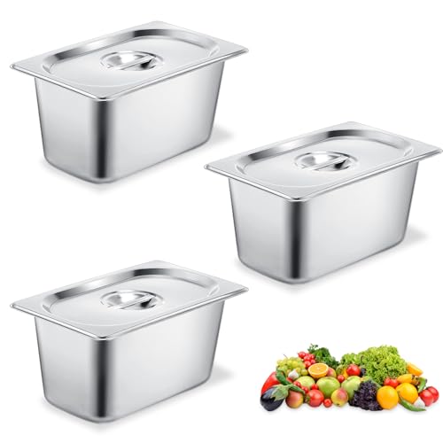 Panierschalen Set 3-Teilig, 17,5 x 11 x 10 cm Edelstahl GN 1/3 Behälter, Gastronormbehälter Edelstahl mit Deckel, Metall Panierstrasse Rechteckig, Panierset für Koteletts, Schnitzel, Fleisch, Fisch