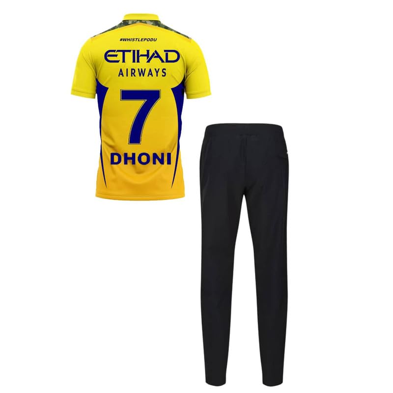 Image of CSK thala Dhoni 7 Official Team Jersey with Black Shorts for Boys and Men(11-12Years,Multicolor-6)