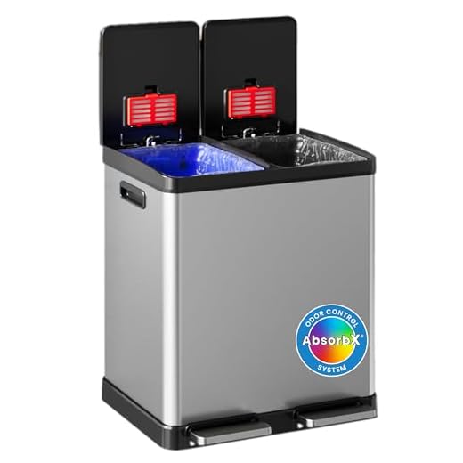 iTouchless 16 Gallon Dual Step Trash Can & Recycle Bin, Stainless Steel includes 2 x 8 Gallon (30L) Removable Buckets with Handles, Soft Close Lid and Airtight