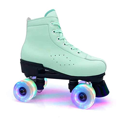 Women's Roller Skates PU Leather High-top Roller Skates Four-Wheel Roller Skates Shiny Roller Skates for Indoor Outdoor with Shoes Bag (40,Green Flash)