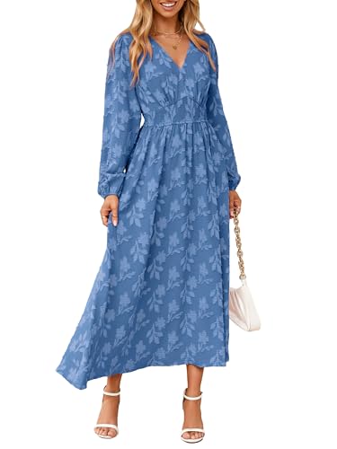 Simplee Womens Boho Floral Long Sleeve Maxi Dress V Neck Empire Waist Semi Formal Wedding Guest Long Flowy Dresses Blue XL