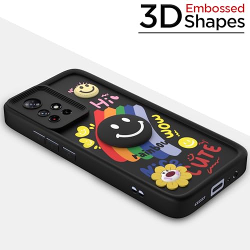 Image of Pikkme Back Cover for Redmi Note 11T 5G / Poco M4 Pro 5G | Soft Silicone| Cute Rainbow Smile & 3D Cartoon Flower Design | Shockproof Raised Camera Protection Bumper Case (Black)