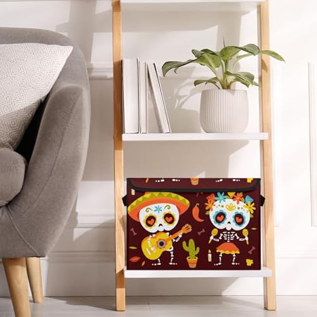Cute Skeleton Skull Couple Storage Bins with Lid Foldable Lidded Fabric Storage Baskets for Clothes Blanket Collapsible Large Storage Box Closet Organizer with Handles 2 Pack