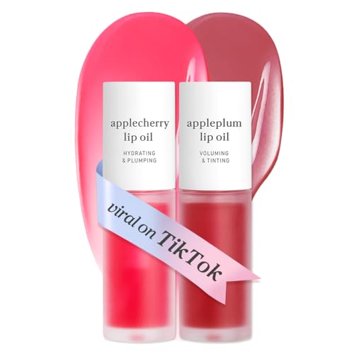 Image of NOONI Vegan Appleseed Lip Oil Set - Applecherry & Appleplum | Long-Lasting, Moisturizing, Plumping, Revitalizing for Dry Lips, Waterproof, No Peel Off, Korean Tint, 0.12 FL Oz x 2ea