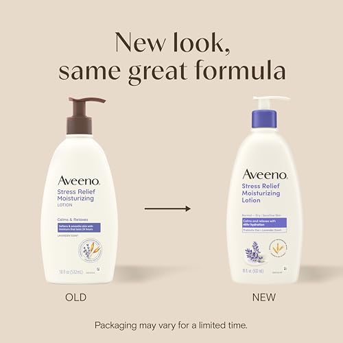 Image of Aveeno Stress Relief Moisturizing Body Lotion, Lavender Scent with Prebiotic Oat for Sensitive Skin, Lightly Scented Lotion with 48-Hour Hydration, Fast Absorbing, Non-Greasy, 18 Fl Oz