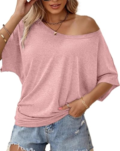 Image of Hilinker Womens Sexy Off The Shoulder Tops Short Batwing Sleeve T Shirt Oversized Casual Tee