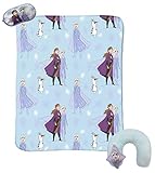 Jay Franco Disney Frozen 2-3 Piece Plush Kids Travel Set with Neck Pillow, Blanket & Eye Mask - Featuring Elsa, Anna, & Olaf (Official Disney Prodcut)