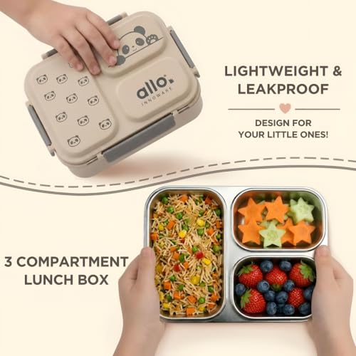 Image of Allo Bento Stainless Steel Lunch Box for Kids- BIS Approved, 304 Stainless Steel 3 Compartment Leakproof Tiffin Box for Boys and Girls for School, Travelling, Baby Snacks, 740ml Beige Panda
