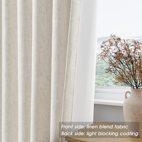 Image of Beige White 100% Blackout Linen Curtains 108 Inches Long for Bedroom Back Tab Thermal Insulated Modern Farmhouse Decor Black Out Curtain for Living Room Floor to Ceiling High Window 52x108, 2 Panels