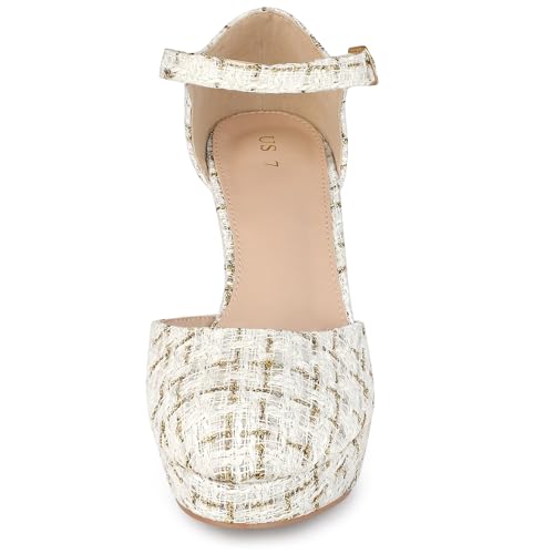 Allegra K Women's Round Toe Platform Tweed White Gold Chunky Heels Pumps 7 M US