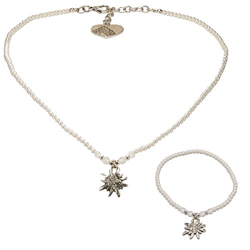 Preisvergleich Produktbild Alpenflüstern Trachtenschmuck-Set Filigran Perlen-Trachtenkette und Trachten-Armband Strass-Edelweiss - Damen-Trachten-Schmuck, Trachtenset Dirndl-Kette und Trachten-Armkette Creme-weiß SET028